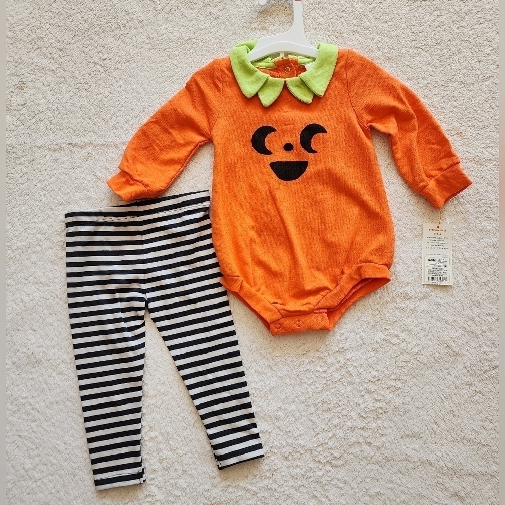 New Baby boy / girl fall Halloween Thanksgiving Pumpkin Romper & Bottom set 6/9m